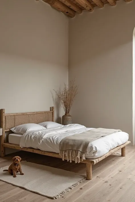 Conception d'une chambre à coucher de style wabi-sabi, avec un lit en rotin tressé naturel, aux lignes simples et organiques. Le lit intègre une niche pour un seul chien de taille moyenne, située dans la base du lit, avec un coussin en lin ou coton brut. L...