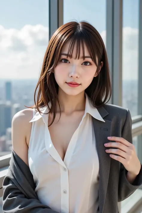 chihiro, firm breast, by adjusting the framing so the subject's full head is visible within the composition, with the crop showing only from just above the bust to slightly above the top of the head. Ensure there is a comfortable amount of background space...