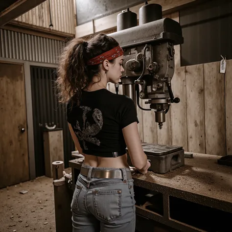 A young woman with voluminous, curly dark brown hair stands inside a rustic woodworking workshop. She is seen from behind, operating a vintage drill press with focus and determination. Her hair is pulled back into a loose ponytail, tied with a rugged red b...