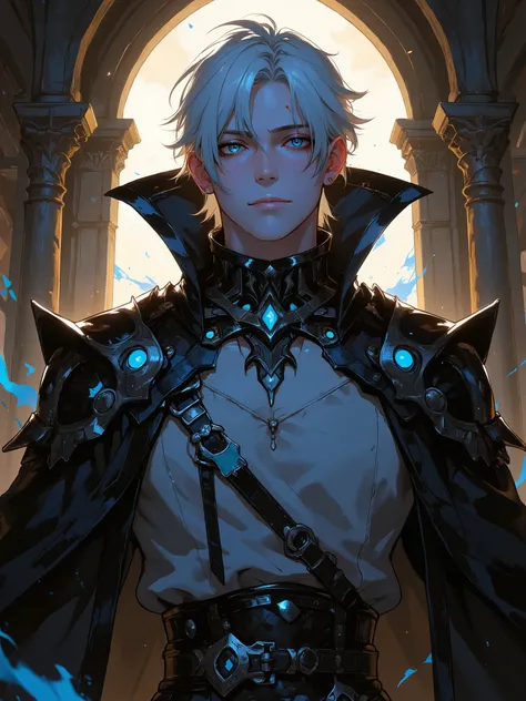 Homem loiro. Black adornment around the neck to the chin (frontal). Roupa cinza. Cinto. to look deep. medieval era. anime style. Olhos azuis. Alto. Serious