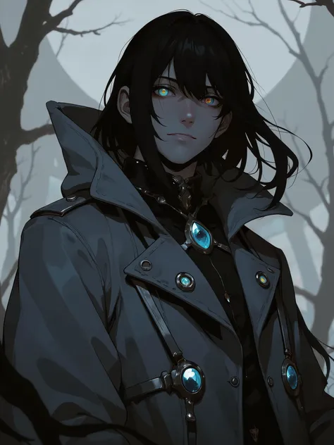 black hair. Homem. Closed gray coat. serious eyes. white eyes. Bone ornaments on clothes
