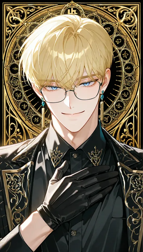 4k , 8k, ((1 adult male short comma blonde hair with blue eyes)) , short hair style , novel , manhwa , handsome man , very details , hair details , very anime eyes details , ตรงตามกายวิภาคมนุษย์ ,ร่างกายสมส่วน , anime eyes , half body focus , good figured...