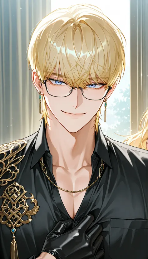 4k , 8k, ((1 adult male, wolf cut hair, blond hair with blue eyes)) , novel , manhwa , handsome man , very details , hair details , very anime eyes details , ตรงตามกายวิภาคมนุษย์ ,ร่างกายสมส่วน , anime eyes , half body focus , good figured , with black dr...