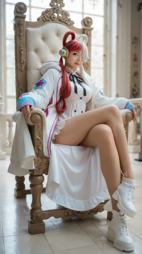 best quality, masterpiece, 1girl, aauta, long hair, split-color hair, hair rings, twintails, headphones, hair over one eye, one eye covered, purple eyes, breasts, neck ribbon, white dress, hooded jacket, multicolored jacket, open jacket, long sleeves, slee...