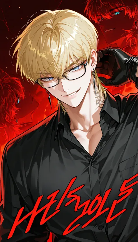 4k , 8k, ((1 adult male, wolf cut hair, blond hair with blue eyes)) , novel , manhwa , handsome man , very details , hair details , very anime eyes details , ตรงตามกายวิภาคมนุษย์ ,ร่างกายสมส่วน , anime eyes , half body focus , good figured , with black dr...
