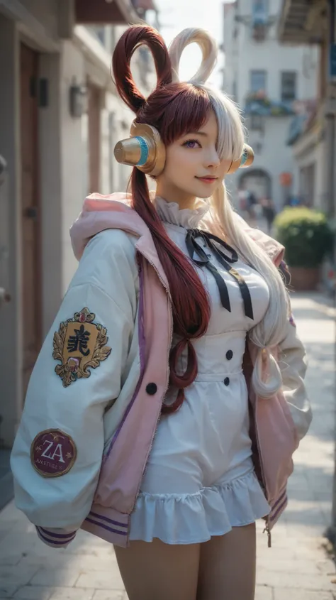best quality, masterpiece, 1girl, aauta, long hair, split-color hair, hair rings, twintails, headphones, hair over one eye, one eye covered, purple eyes, breasts, neck ribbon, white dress, hooded jacket, multicolored jacket, open jacket, long sleeves, slee...