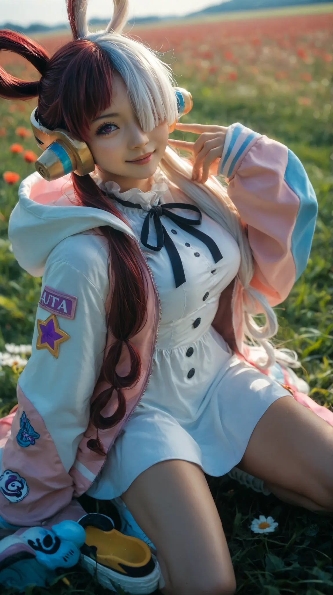 best quality, masterpiece, 1girl, aauta, long hair, split-color hair, hair rings, twintails, headphones, hair over one eye, one eye covered, purple eyes, breasts, neck ribbon, white dress, hooded jacket, multicolored jacket, open jacket, long sleeves, slee...
