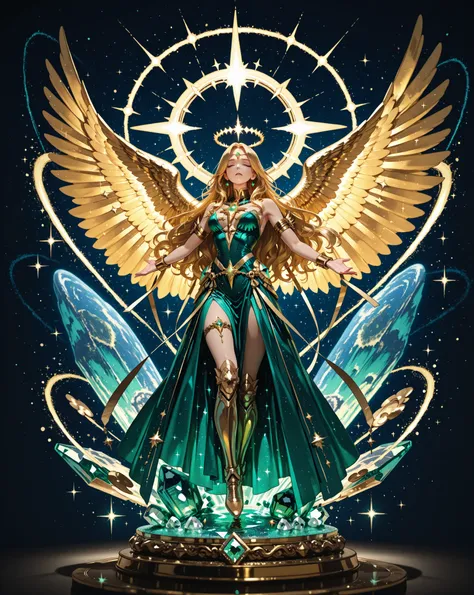 Golden angelic wings spread wide, as a figure stands with arms open in a celestial pose. Long, flowing, golden hair cascades down, and a sparkling halo with luminous stars adorns the sky behind. A dazzling emerald jewel shines on the chest, while celestial...
