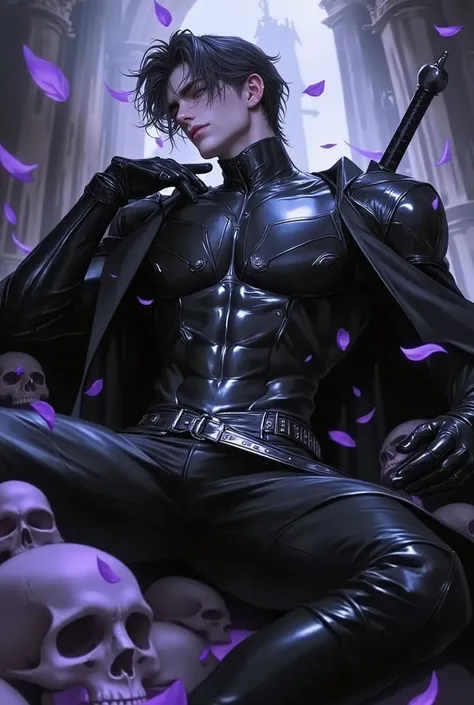 Dark fantasy male warrior in gothic armor, black leather with silver accents, emotional expression, resting amidst skulls and violet petals, glowing light from behind, sword sheathed on back, ethereal cathedral background, fantasy gothic setting, somber at...