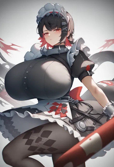 masterpiece:score_9, score_8_up, score_7_up, score_9, BREAK, 1girl,big breasts, solo, looking at viewer, blush, 1girl,ellen_joe,maid_headdress,black_dress,wrist_cuffs,puffy_short_sleeves,mole_under_eye,frilled_dress,black_pantyhose,medium_breasts, breast f...