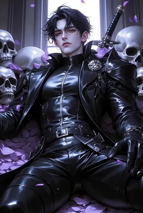 Dark fantasy male warrior in gothic armor, black leather with silver accents, emotional expression, resting amidst skulls and violet petals, glowing light from behind, sword sheathed on back, ethereal cathedral background, fantasy gothic setting, somber at...