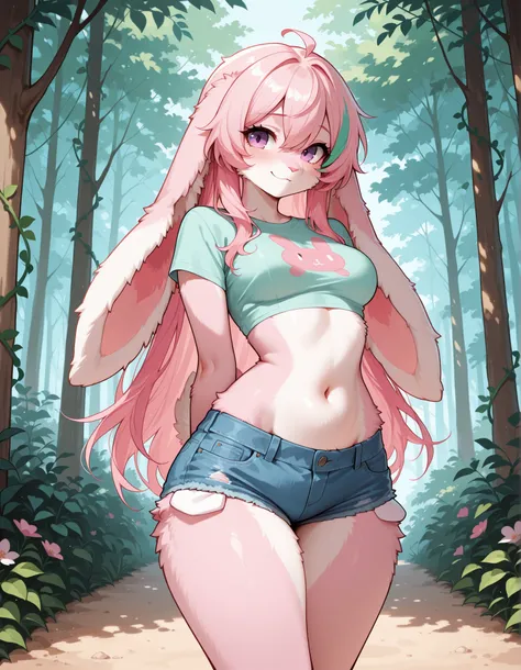 (Masterpiece) (High Detail) (High Res) A tiny, short, slim, curvy and cute fluffy pink rabbit furry with fluffy pink fur all over her body with a pink tummy fur and purple eyes and a curvy effeminate shape and long straight pink hair with mint-green streak...