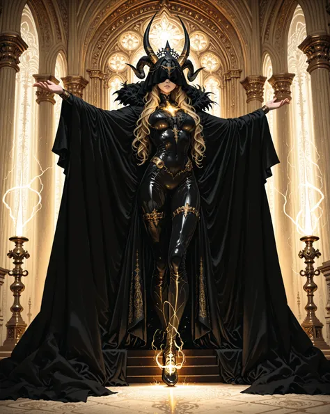 A figure stands regally in an ornate gothic hall, wearing an elaborate headpiece adorned with horns and glowing accents. Their long, flowing blonde hair cascades down, adding to the dramatic effect. The outfit is a form-fitting black and white bodysuit, wh...