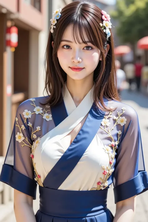 sakura, huge breast, by adjusting the framing so the subject's full head is visible within the composition, with the crop showing only from just above the bust to slightly above the top of the head. Ensure there is a comfortable amount of background space ...