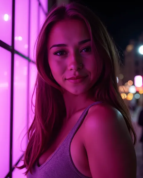 a beautiful woman, Making a photo shoot, she's smiling in a seductive and welcoming way, shot with a Sony A7R IV mirrorless camera, 35mm f/1.4 lens, aperture f/1.4 for low-light performance and soft background blur, ISO 800, shutter speed 1/60 sec, handhel...
