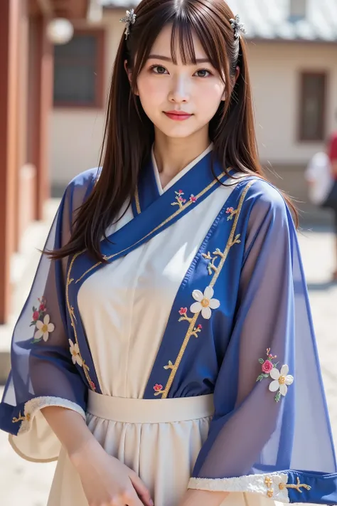 chihiro, firm breast, by adjusting the framing so the subject's full head is visible within the composition, with the crop showing only from just above the bust to slightly above the top of the head. Ensure there is a comfortable amount of background space...