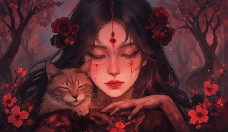 Iluminated woman's face , with her loyal Siamese cat curled up on her shoulder. She is standing in a field of glowing flowers, her eyes closed as she basks in the celestial light. Eerie fog and dark trees surround her. The scene is rendered with detailed t...