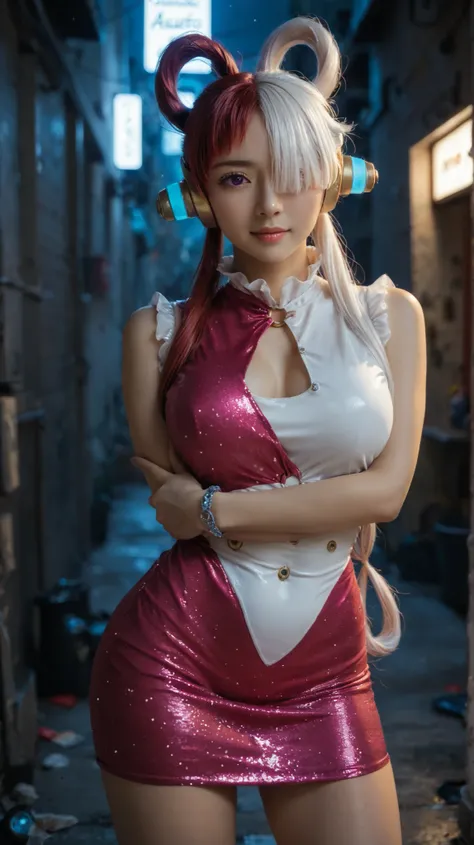 best quality, masterpiece, 1girl, aauta, long hair, split-color hair, hair rings, twintails, headphones, hair over one eye, one eye covered, purple eyes, breasts, bodycon, glitter dress, microdress, collarbone, sleeveless, hip vent, o-ring, clothing cutout...