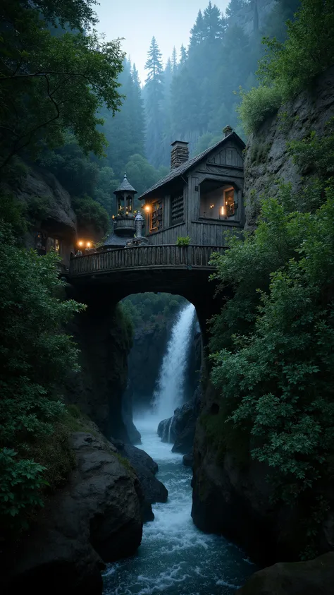 There is a small waterfall flowing through a small stone house, Unreal Engine fantasy art, Beautiful fairy tale rendering , realistic fantasy rendering, Unreal Engine 4K 壁纸, Picture of a dark fantasy background , Atmospheric fantasy setting, fantasy style ...