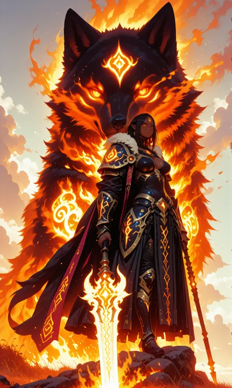 A powerful dark elf warrior woman in ornate black and gold armor, glowing with fiery orange runes. She holds a massive magical spear surrounded by flames. By her side stands a large black wolf with glowing orange eyes and mystical runes on its forehead and...