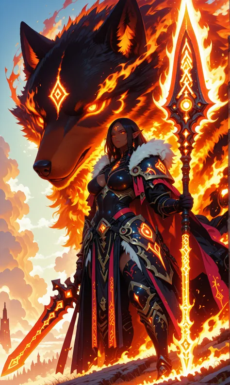 A powerful dark elf warrior woman in ornate black and gold armor, glowing with fiery orange runes. She holds a massive magical spear surrounded by flames. By her side stands a large black wolf with glowing orange eyes and mystical runes on its forehead and...