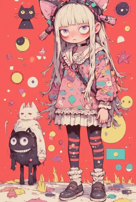 cartoon character, Girl, Landmine Fashion Girl, minefield with patten bangs,headband with cat ears,add pink or white colors based on black,Dull Color（dull pink or purple）,mysterious vibe,colorful sailor collar The design uses a lot of frills and lace,botto...