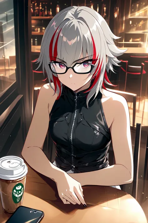 Best Anime 4k 
Serious look, weekends、room 、short layered hair with red highlights on white hair、sleeveless black zip up top、cool and edgy temporary look、No visible accessories、confident and slightly rebellious pose、Read a book with a serious expression　Si...
