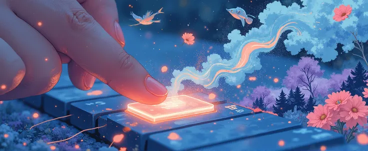 A dreamlike, watercolor-style illustration of a human finger pressing the "Enter" key on a soft-glowing keyboard. As the key is pressed, delicate streams of colorful lines and flowing code emerge, transforming into fantastical images mid-air: floating isla...