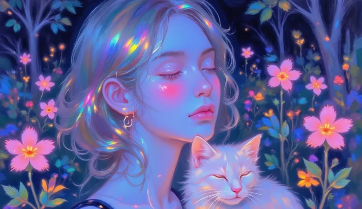 impressionist_ style ,oil ,brushstrokes that capture the essence of Impressionism with its vivacity, brilliant representation of a female face.
Illuminated woman's face , with her loyal Siamese cat curled up on her shoulder. She is standing in a field of g...