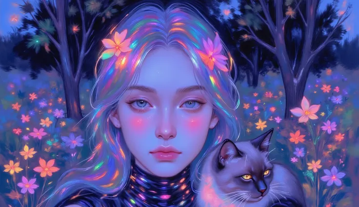 impressionist_ style ,oil ,brushstrokes that capture the essence of Impressionism with its vivacity, brilliant representation of a female face.
Illuminated woman's face , with her loyal Siamese cat curled up on her shoulder. She is standing in a field of g...