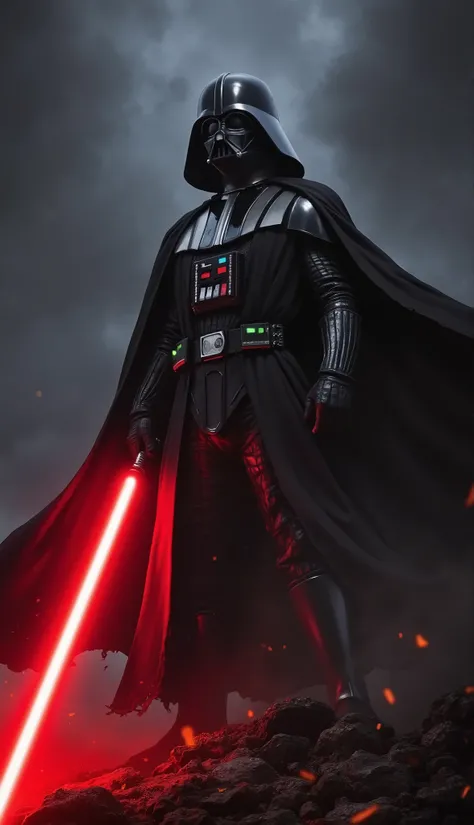 Darth Vader, star Wars, realistic character,  standing, field to the character, light sabre in the hand, Red sabre [ DARTH Vader], Darkness, corpo entre a Darkness, distant angle, looking at the spectator, hatred, Iran, maldade, sith, jedi, cinematographic...