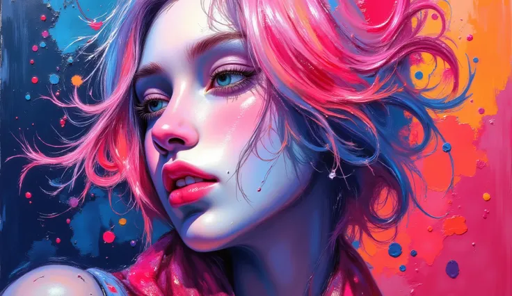 An abstract portrait of a woman composed of swirling brushstrokes and illuminated colors, with textured paint creating a sense of depth and movement. The figure is adorned with flowing garments that blend seamlessly into the background. The color palette i...
