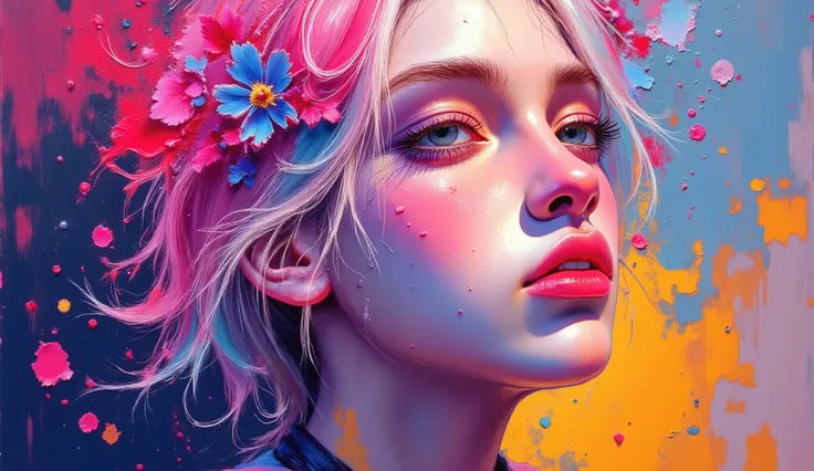 An abstract portrait of a woman composed of swirling brushstrokes and illuminated colors, with textured paint creating a sense of depth and movement. The figure is adorned with flowing garments that blend seamlessly into the background. The color palette i...