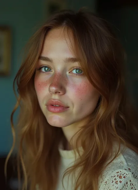 portrait of 1 girl, em casa, loiro, Russian girl, cinema RAW cru, 16 mm, Graduated color footage on Portra 400 film, remarkable color , hair, Textured Skin, Remarkable detailed pupils, realistic noise of dull skin , visible detail of the skin , fur, pele ...