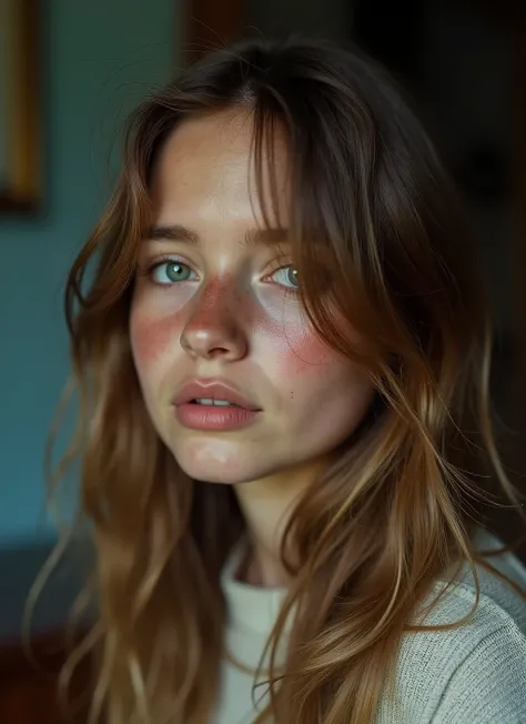 portrait of 1 girl, em casa, loiro, Russian girl, cinema RAW cru, 16 mm, Graduated color footage on Portra 400 film, remarkable color , hair, Textured Skin, Remarkable detailed pupils, realistic noise of dull skin , visible detail of the skin , fur, pele ...