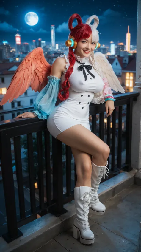 UtaOP, 1girl, solo, long hair, multicolored hair, split-color hair, two long ponytails with two circular braids, hair ornament,  bright purple eyes, bangs, golden headphones,  left eye is shrouded by her white hair, two tone hair, lips, large breast, short...