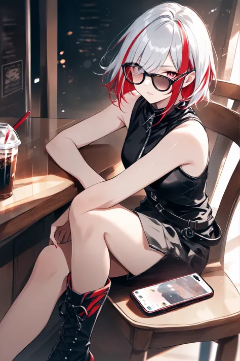 masterpiece、HD　, short layered hair with red highlights on silver hair, sleeveless black zip up top, Cool and Edgy Look, No visible accessories, confident and slightly rebellious pose, Side Glance、 SMOOTH FAIR SKIN ,Cafe、sit on a chair、cross your legs、Smar...