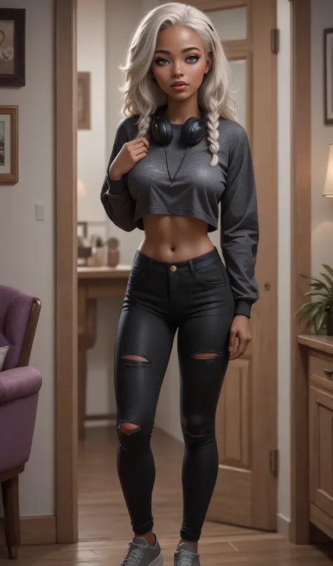 The 15  year old girl is a light brown and her hair is silver white with  two long french braids ,  her eyes are silver grey,  she is standing in front of a doorway indoors in a casually styled livingroom, which includes a purple armchair and framed wall a...