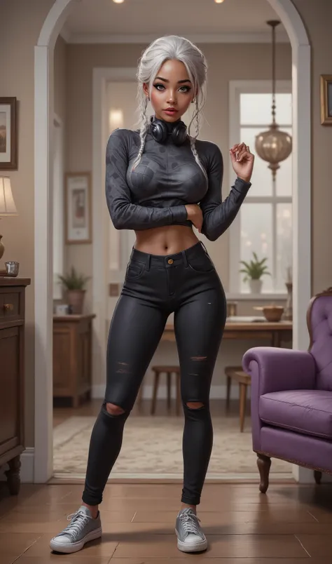 The 15  year old girl is a light brown and her hair is silver white with  two long french braids ,  her eyes are silver grey,  she is standing in front of a doorway indoors in a casually styled livingroom, which includes a purple armchair and framed wall a...