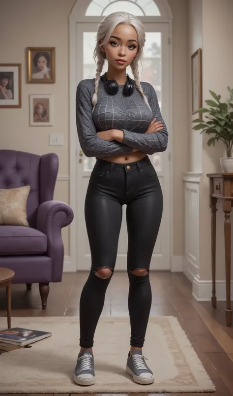 The 15  year old girl is a light brown and her hair is silver white with  two long french braids ,  her eyes are silver grey,  she is standing in front of a doorway indoors in a casually styled livingroom, which includes a purple armchair and framed wall a...