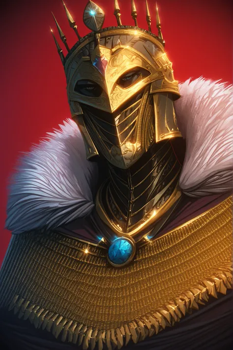 NavCab_PS, masterpiece, best quality, amazing quality, very aesthetic, absurdres,  newest, scenery, depth of field, shiny skin, humid skin,  , 1boy, ,  nisino2222, armor,  close-up,  helmet, crown, looking at viewer, male focus, red background, sidelightin...