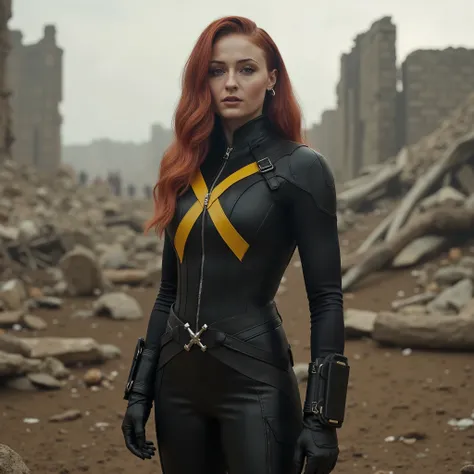 A high-quality, 3D-rendered, image of Sophie Turner as Jean Grey on a destructed battlefield. She is wearing her iconic yellow 'X'- symbol on Black X-men leather Costume, which is slightly more exposed in design, highlighting a her glamorous look. movie sc...