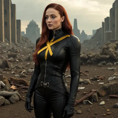 A high-quality, 3D-rendered, image of Sophie Turner as Jean Grey on a destructed battlefield. She is wearing her iconic yellow 'X'- symbol on Black X-men leather Costume, which is slightly more exposed in design, highlighting a her glamorous look. movie sc...