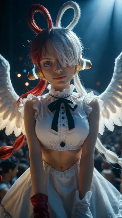 Top quality, masterpiece, a girl, Uta from One Piece, on a concert stage at night, serious and sexy expression, one hand raised above her head, the other hand covering one eye in a dynamic V shape, long pigtails with half red half white hair, golden headph...
