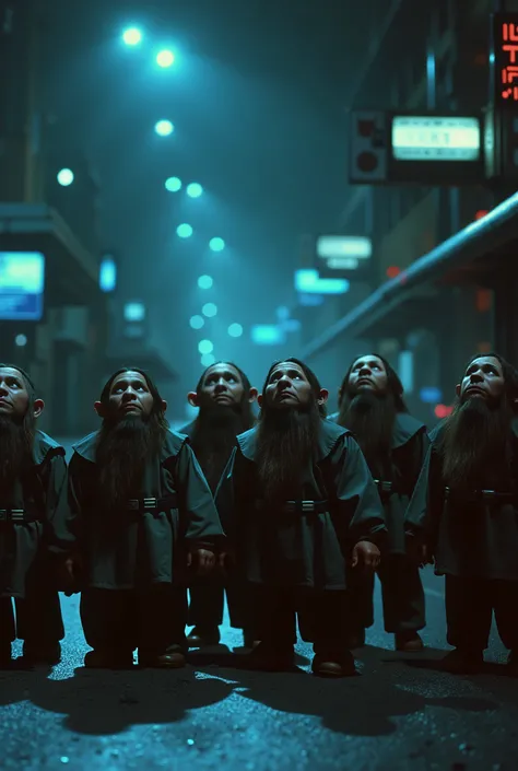 close up,low angle,night,ambient fog,Seven dwarves stand on the side of the road,Looking up,sparse low-saturation light blue and light red neon,masterpiece,best quality,1980s,Retro new wave,8k