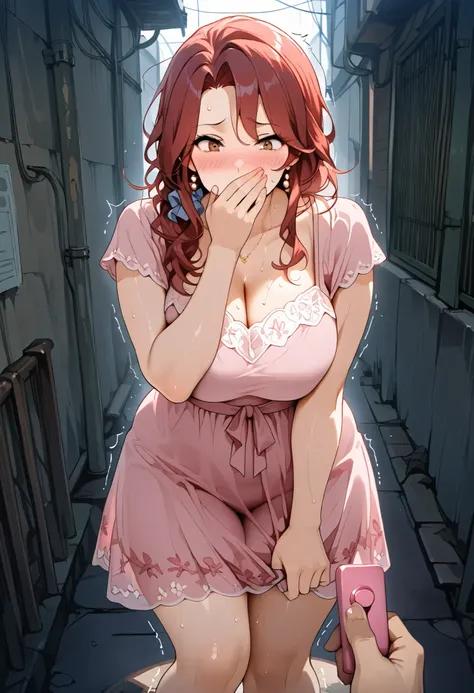 (  1 mature woman 1 man), attractive mature woman , Big , red hair, Long Hair, light brown eyes, Sensual look , is dressed in a charming flowery dress , short pink dress, alley , standing, Legs separated, weakness, legs shaking,  bothers, thighs , a big pl...