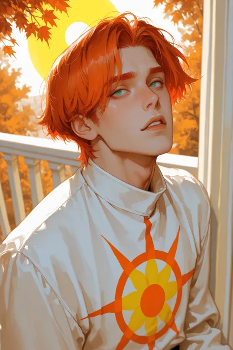 Solo man, in red and white period clothing, Short hair for men, Red-haired, Orange hair, emerald eyes, freckles on his face, soft hair on his upper lip, short hair, dominant expression, autumn mood, yellow sun, On an old balcony, 1500s, strong, masculine, ...