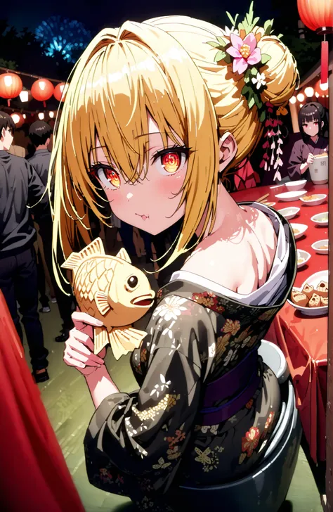 score_9, score_8_up, score_7_up, sauce_anime,
toloverudarkness, darkness, yellow hair, red eyes sitting on toilet seat,side lock,bun hair,Nape,flower hair ornament,Yellow flower pattern kimono ,standing,Holding a taiyaki in one hand,Eating taiyaki ,Light u...