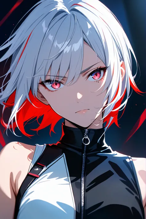 white-haired woman 
A serious expression, short layered hair with white and red highlights, sleeveless black zip up top, Cool and Edgy Look, No visible accessories, confident and slightly rebellious pose, Side Glance、piercing gaze, SMOOTH FAIR SKIN , Indoo...