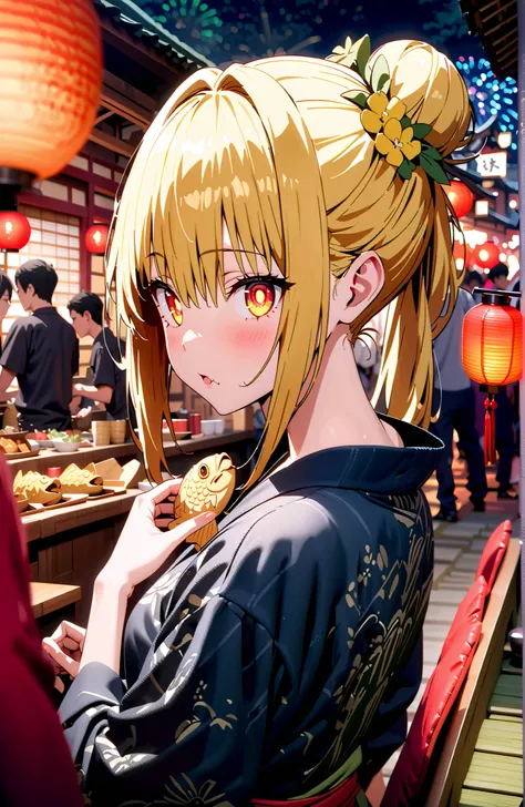 toloverudarkness, darkness, yellow hair, red eyes sitting on toilet seat,side lock,bun hair,Nape,flower hair ornament,Yellow flower pattern kimono ,standing,Holding a taiyaki in one hand,Eating taiyaki ,Light up fireworks,Japanese stalls ,night,Red Lantern...